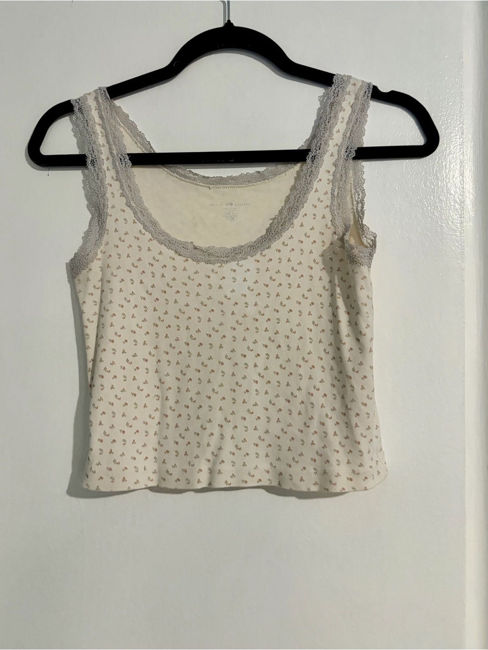 Brandy Melville Cream Tank with Taupe Lace & Tiny Floral Print